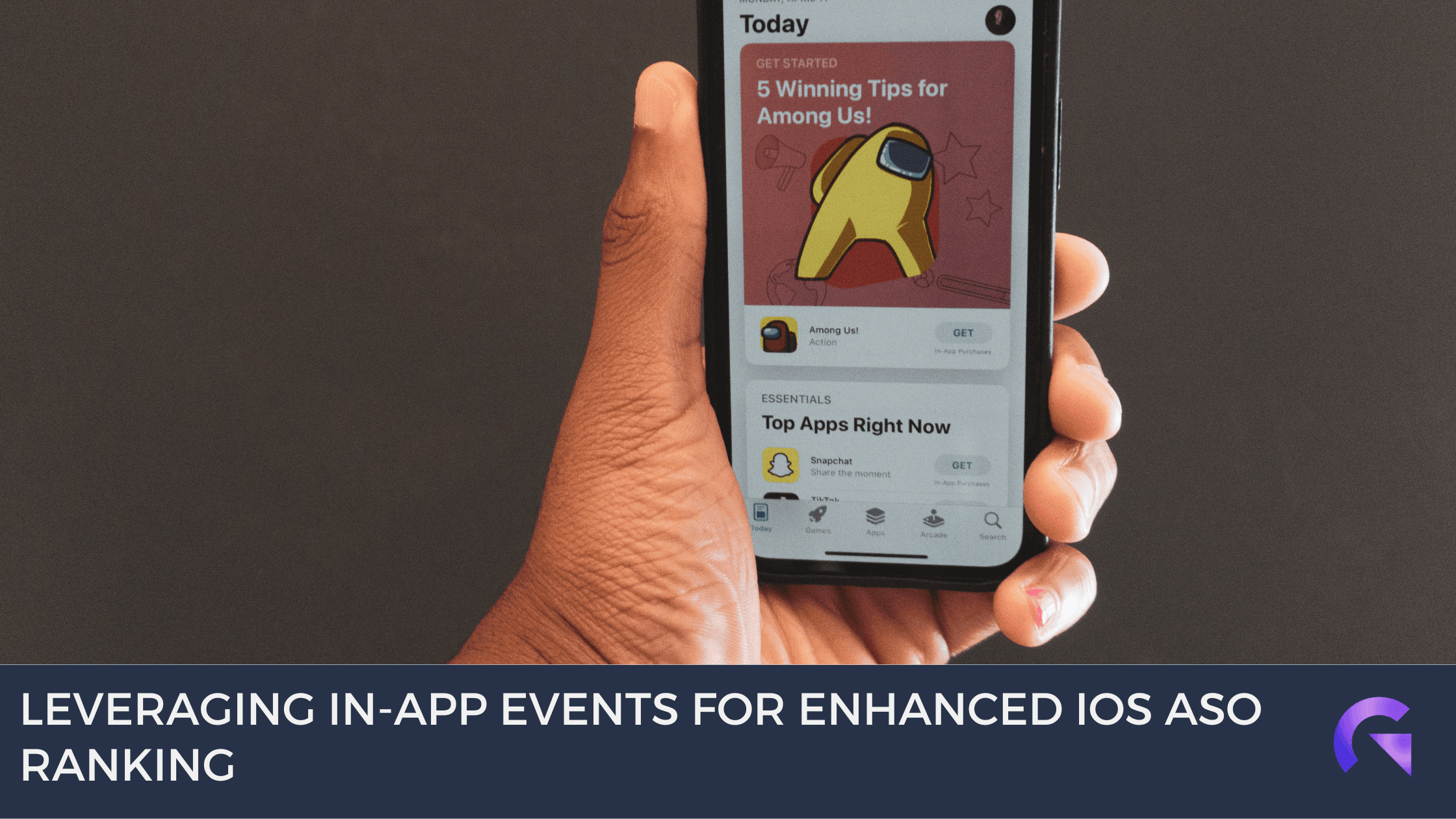 Man holding a phone open to the app store with an animated character as an advertivement